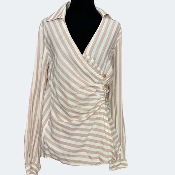Anthropologie Maeve Mauve Ivory Surplice Wrap Draped Long Sleeve Blouse Shirt 4 - Picture 7 of 14